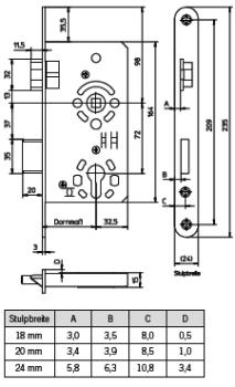 Einsteckschloss  Rechts PZ 72, Dorn 65mm, 24mm Stulp