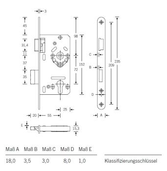 Einsteckschloss für Wohnungsabschlusstüren DIN 72 PZ 20x235 mm Stulp R/L rund/kantig
