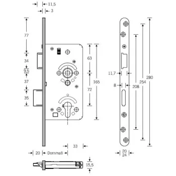Einsteckschloss für Objekt-Innentüren Kl.3 PZ 72 Dorn 55/65 mm  Sonder-Stulplänge 280 mm R/L
