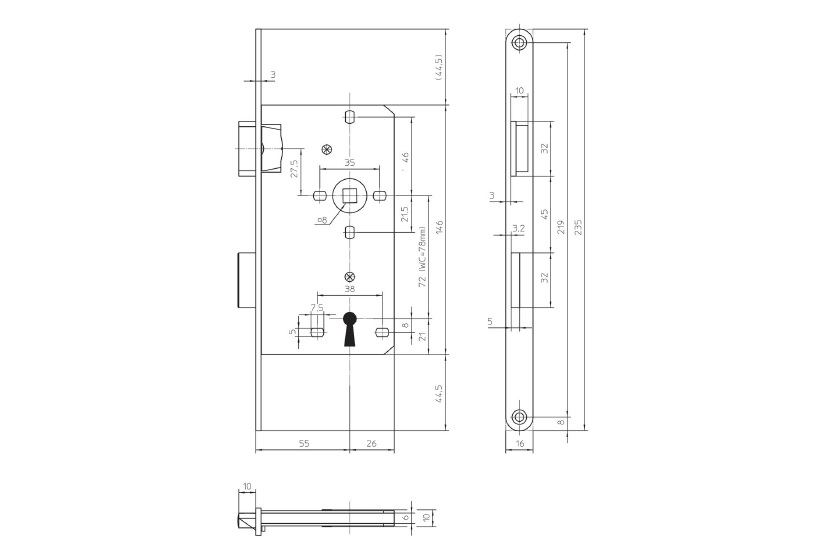 Extra Schmales Zimmertur Einsteckschloss Bb 72 55 16mm Stulp R L