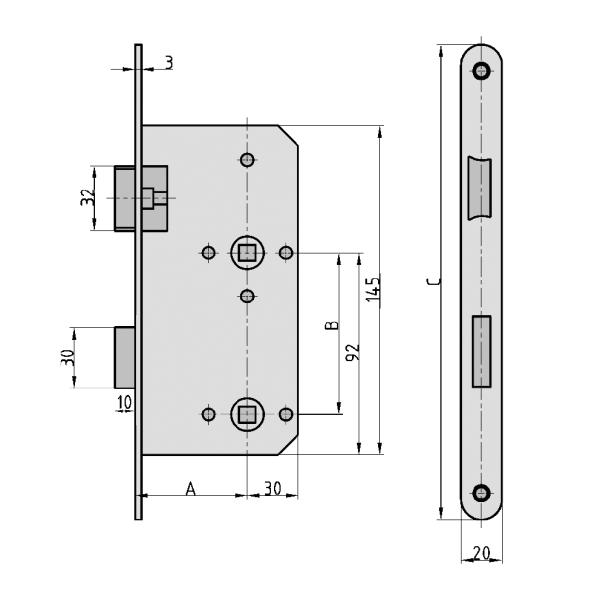 Einsteckschloss für Zimmertüren DIN 72 BB/WC 20mm L/R rund