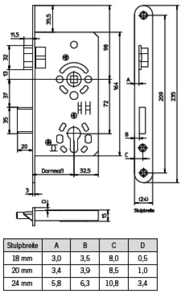 Einsteckschloss für Objekt-Innentüren Kl.3 WC 78/55/60/65, Stulp 20x235 mm, Edelstahl, R/L