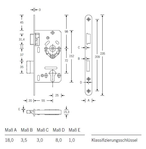 Einsteckschloss für Wohnungsabschlusstüren DIN 72 PZ 20x235 mm Stulp R/L rund/kantig