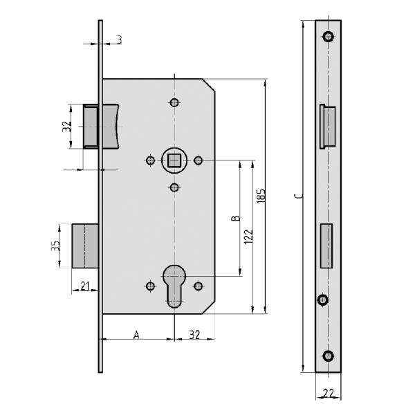 Einsteckschloss Haustürschloss ES 979 für Profilzylinder DIN (65mm x 92m )  R/L