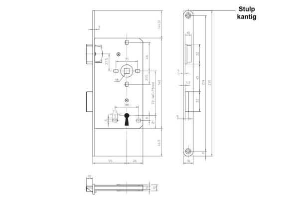 Extra Schmales Zimmertür-Einsteckschloss BB 72 , WC 78 /55/16 mm Stulp R/L