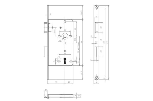 Extra Schmales Zimmertür-Einsteckschloss BB 72 , WC 78 /55/16 mm Stulp R/L