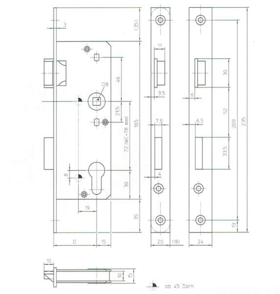 Glastür-Einsteckschloss für Falztüren KFV 521 1/2  PZ72