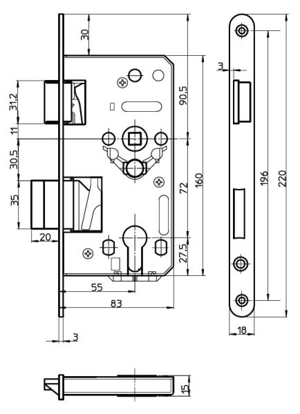 Einsteckschloß für Wohnungsabschlußtüren PZ 72 TGL (DDR)  R/L