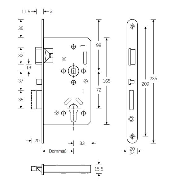 Einsteckschloss für FH Türen Antipanik+Selbstverriegelung PZ72/65/20/9 (links/rechts)